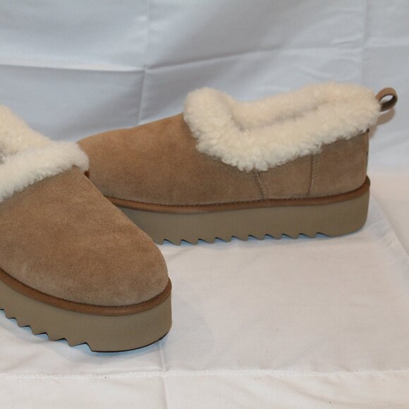 NEW UGG WOMEN'S NITA PLATFORM SUEDE SHEARLING LINED CUFF SLIPPERS SHOES CHESTNUT - Picture 3 of 7